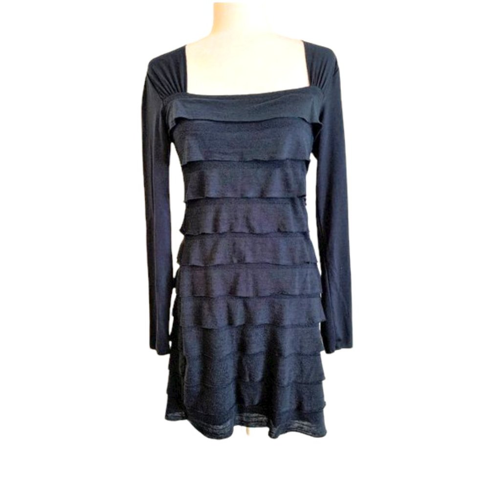 Max Studio Long Sleeve Ruffle Tunic Dress Size Medium Navy Blue EUC
